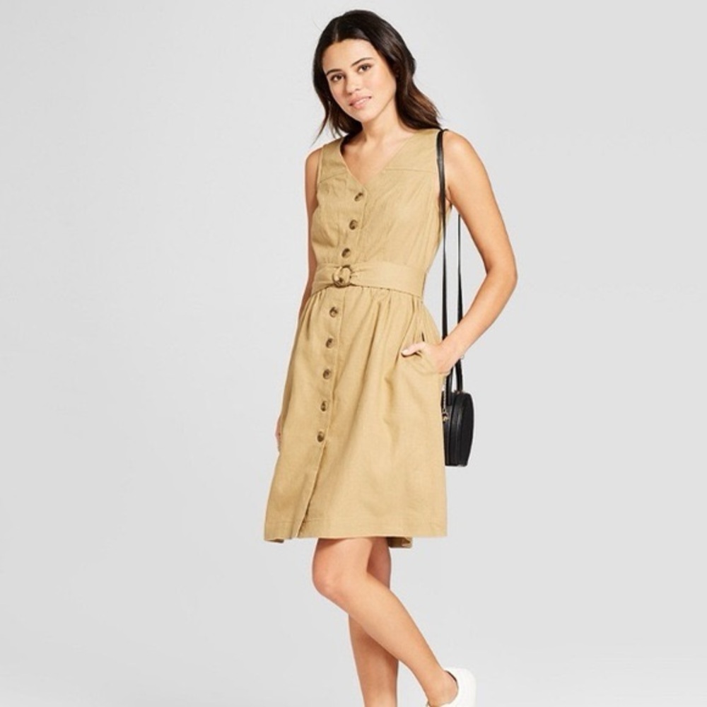 Mossimo Supply Co Sleeveless Tan Button-Down Midi Belted Dress Size XS
